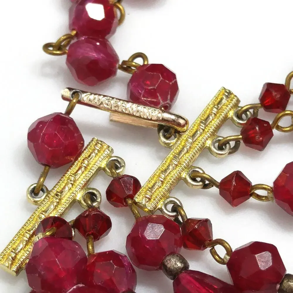 West Germany Thermoset Red Beaded Necklace 4 Strand 1950s Vintage Jewelry